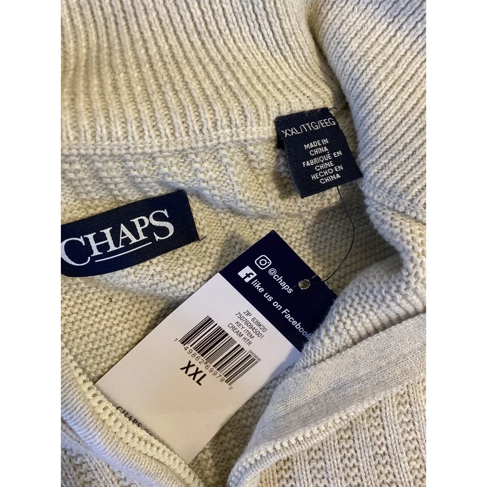 NWT!  Men's XXL 100% Cotton Cream Quarter Zip Turtleneck Sweater by CHAPS